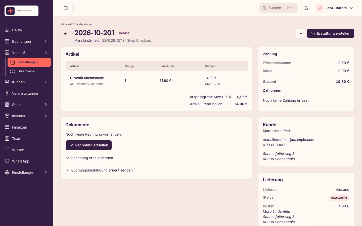 Detail einer fiktiven Shop-Bestellung