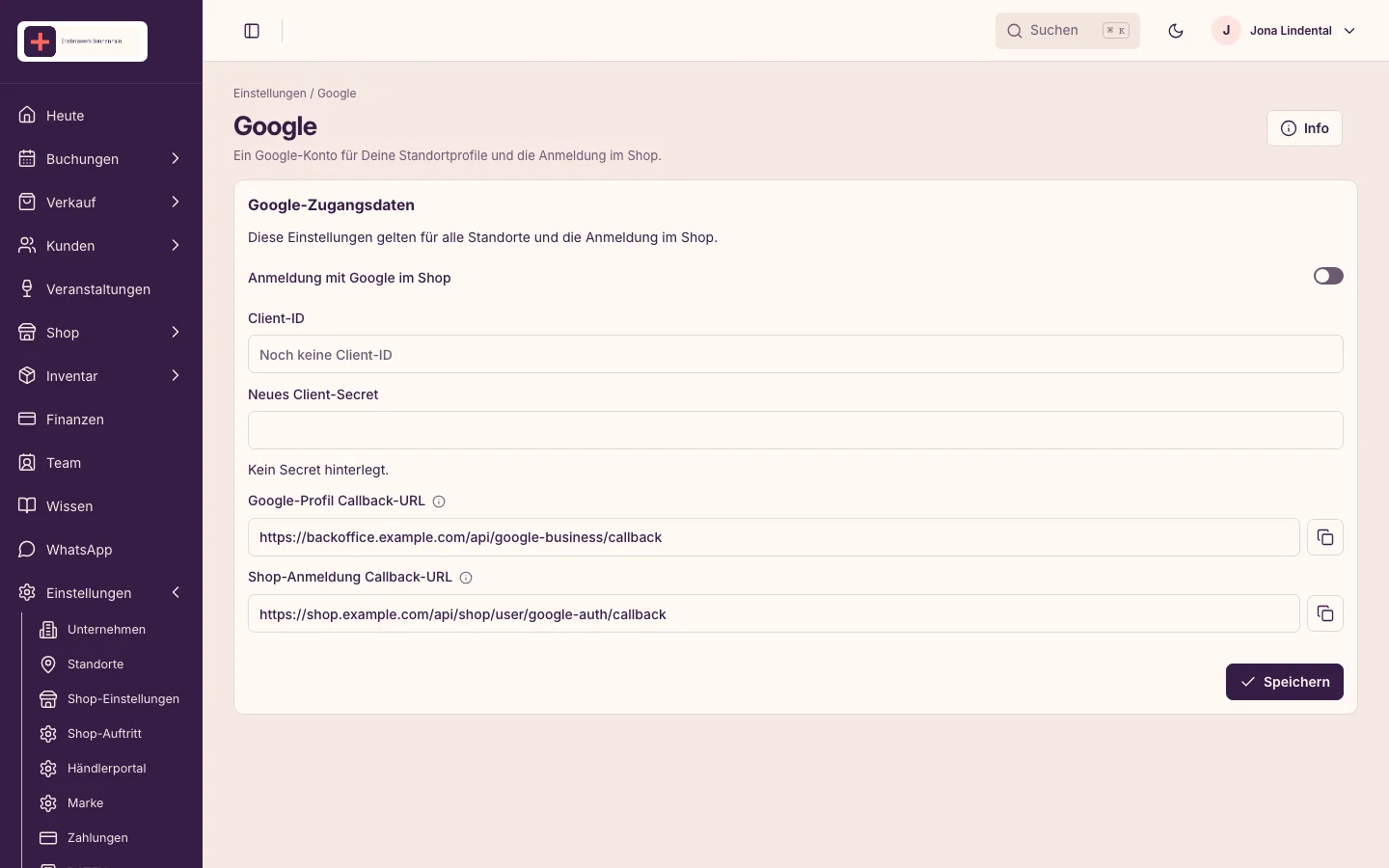 Google Business Profile im Backoffice mit fiktiven Daten