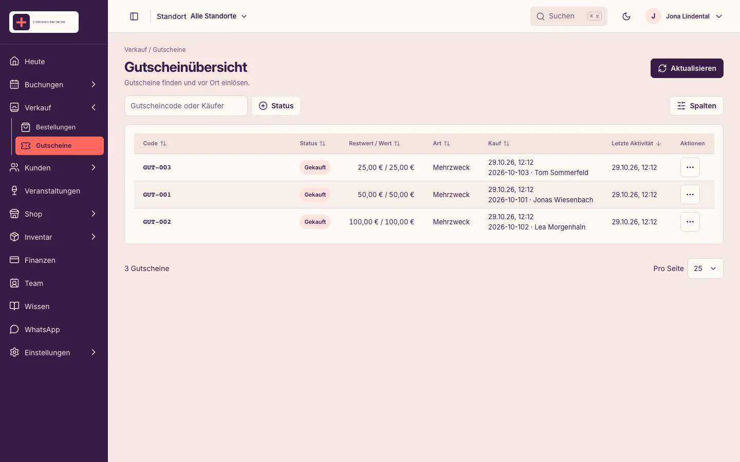 Gutscheine im Backoffice mit fiktiven Daten