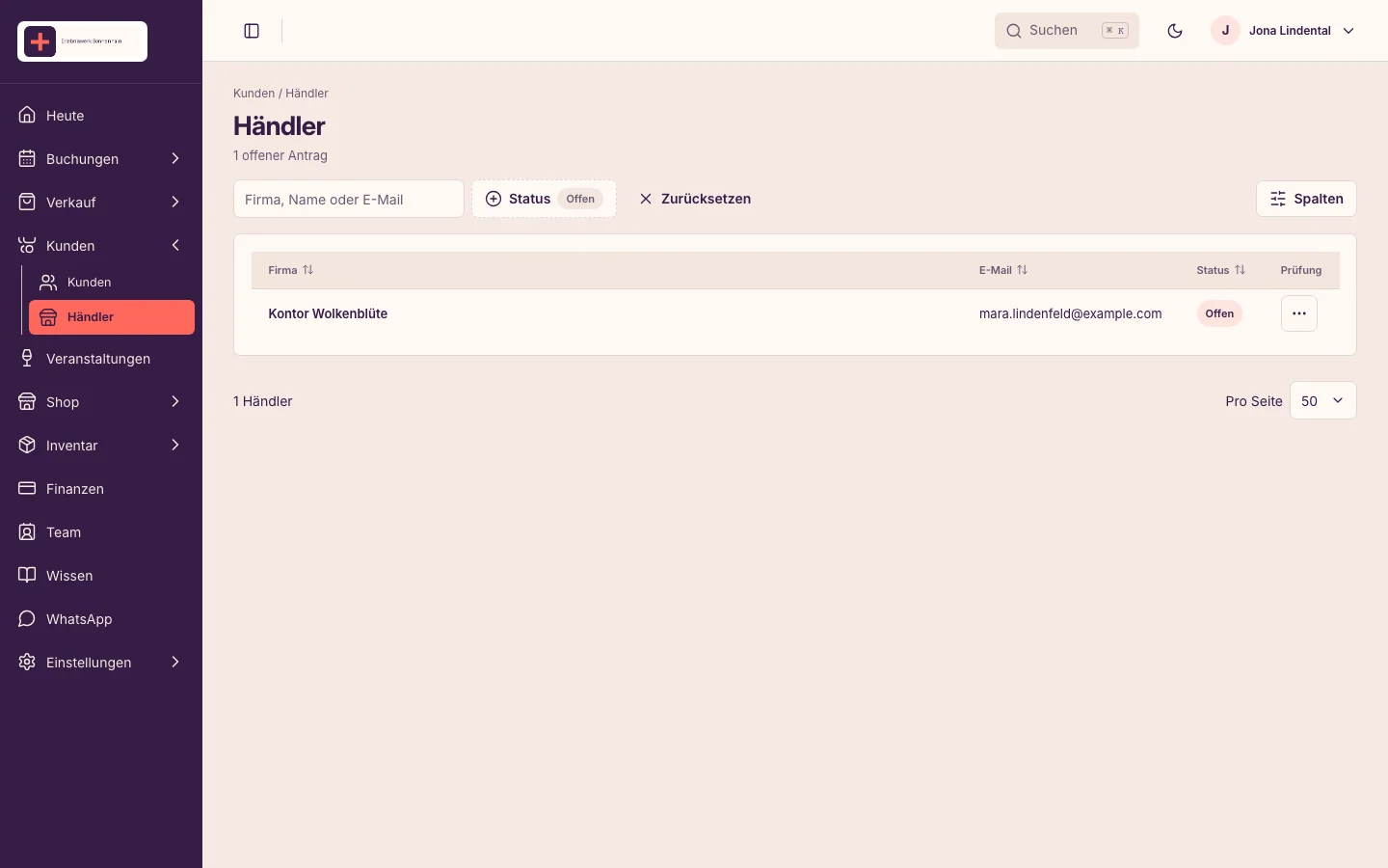 B2B und Händlerportal im Backoffice mit fiktiven Daten
