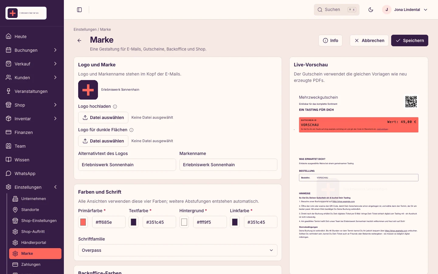 Marke und Mailgestaltung im Backoffice mit fiktiven Daten