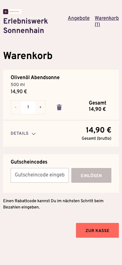 Warenkorb im Kundenshop auf dem Smartphone
