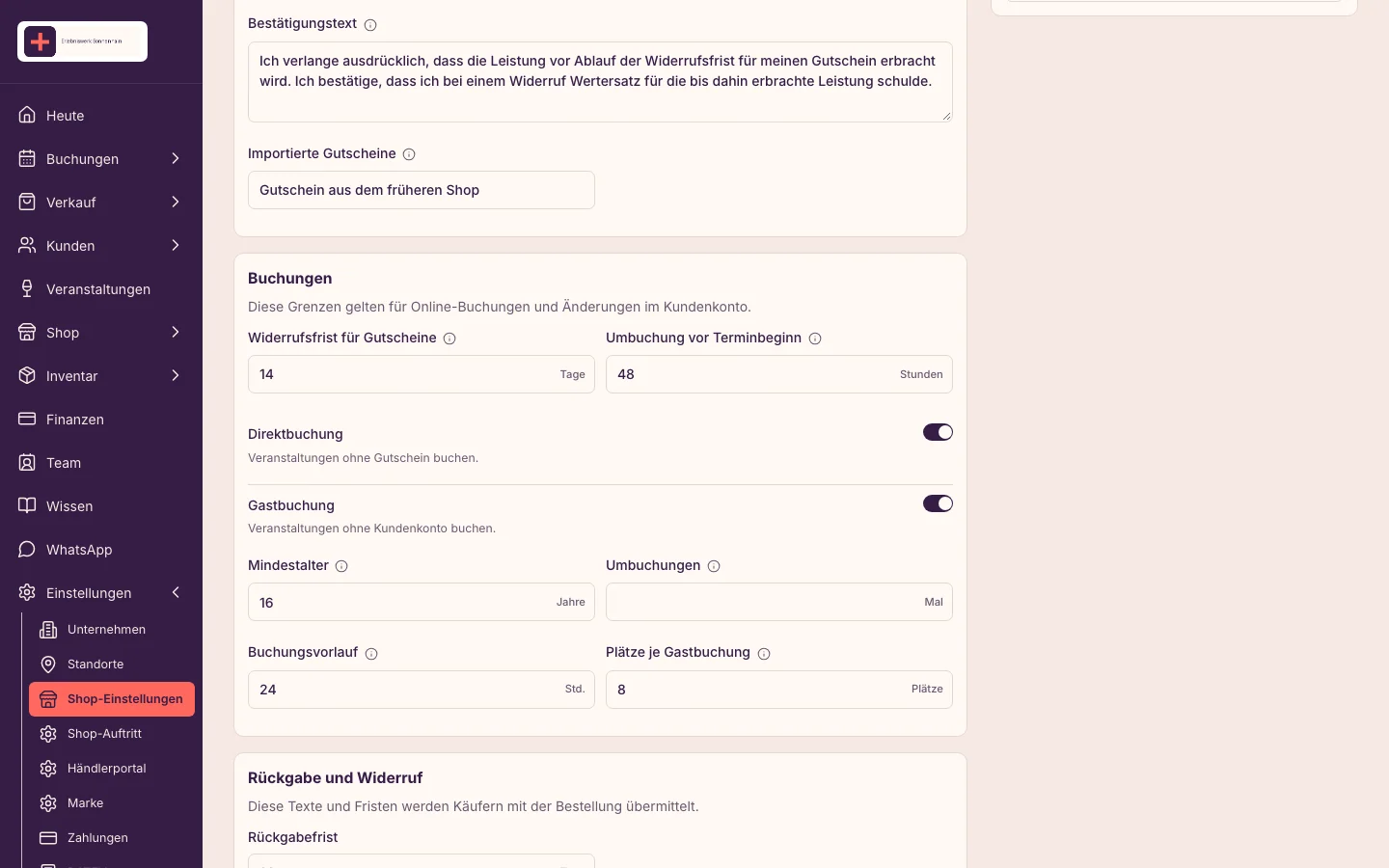 Shop-Einstellungen für Direktbuchung und Gastzugang