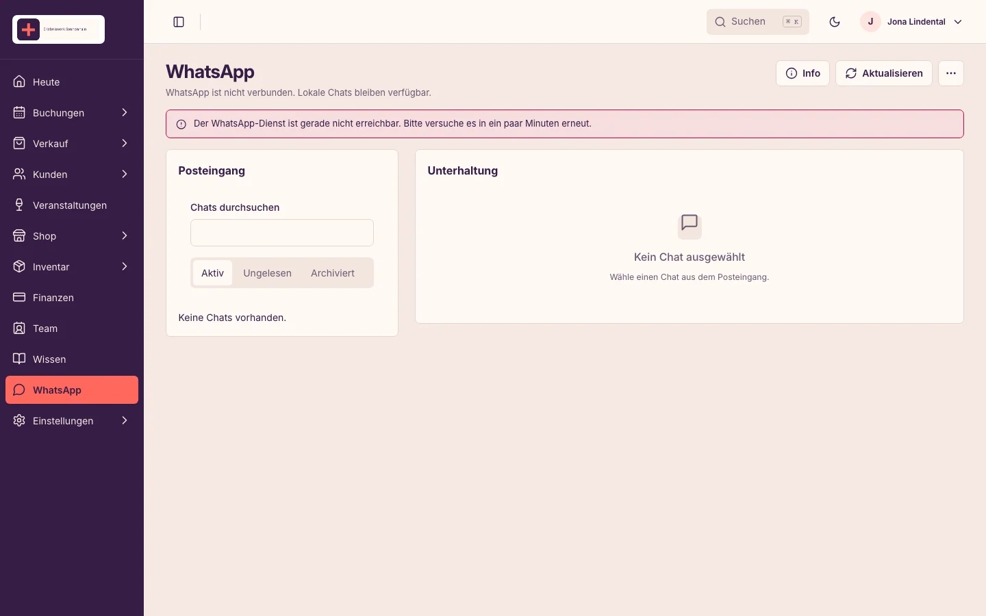 WhatsApp im Backoffice mit fiktiven Daten